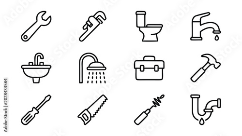 Set of 12 Minimalist Plumbing and Home Repair Line Icons Featuring Wrench, Pipe Wrench, Toilet, Faucet, Sink, Shower, Toolbox, Hammer, Screwdriver, Saw, Drain Auger, and P-trap Pipe Vector Design