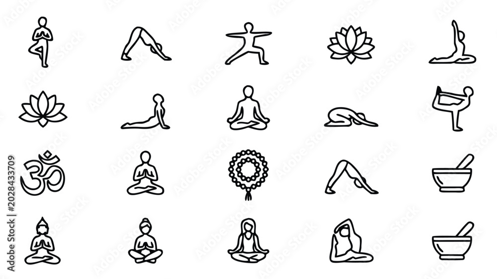 Naklejka premium Comprehensive collection of 20 minimalist yoga poses and meditation line icons, including asanas, lotus flowers, Om symbols, and Buddha figures, perfect for wellness, health, and zen branding.