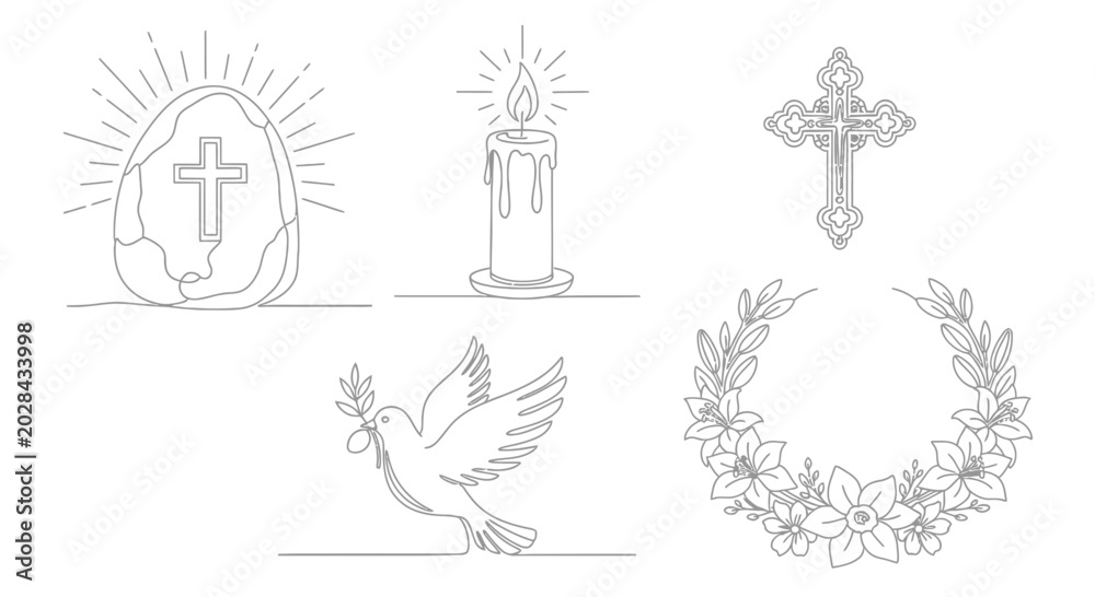 Fototapeta premium Christian Easter Symbols Outline: Egg, Cross, Candle, Dove, Wreath