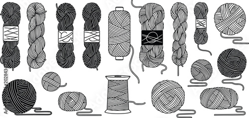 Schilderij op canvas Black yarn ball and skein vector set with thread spools, wool bundles, and knitt