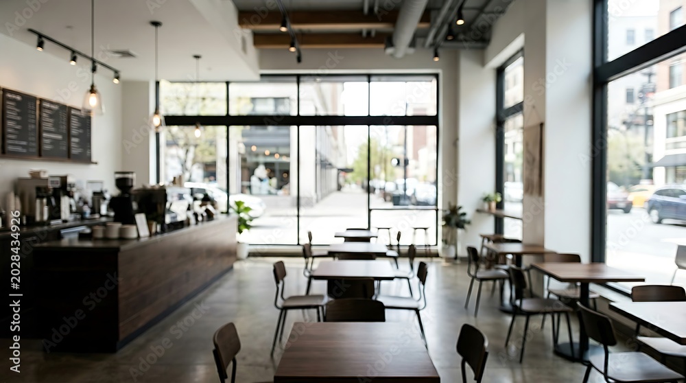 Fototapeta premium Spacious and contemporary coffee shop interior with natural light, showcasing a clean design and a view of the urban street outside