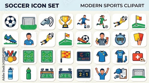 Modern Soccer Icon Set for Sports Clipart and Game Elements Collection.