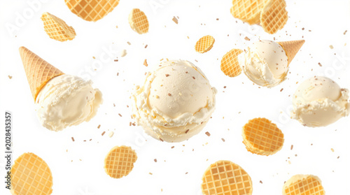 Floating scoops of vanilla ice cream with flying waffle cone pieces, dynamic freeze-motion studio composition, modern advertising campaign style