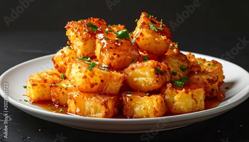 Stack of golden brown, cubed potatoes glazed and garnished on a white plate