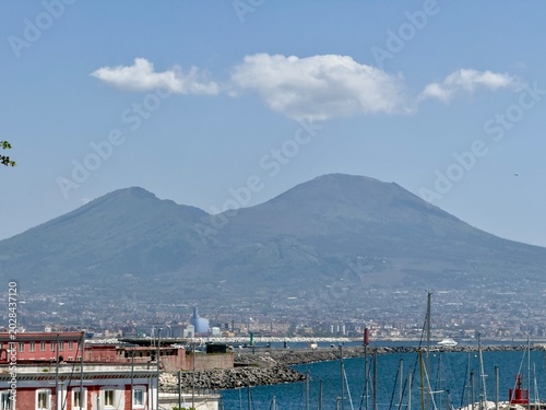 Scenic view of Mount Vesuvius volcano across the Bay of Naples, Italy