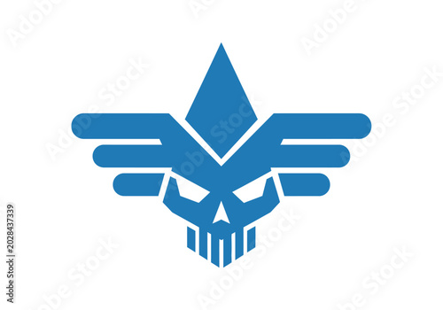 Fotografie Blue winged skull emblem logo on white background