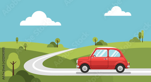 A red car drives on a rural road in transit on a sunny day