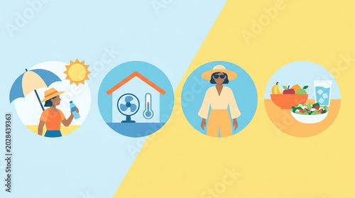 Collection of illustrations depicting ways to stay cool and hydrated during hot summer weather, including sun protection and indoor comfort methods