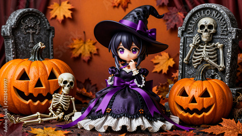 Charming Witch Doll Enjoys Spooky Halloween Night with Pumpkins, Skeletons, and Autumn Leaves