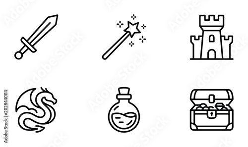 Photos Fantasy Icons: Sword, Magic Wand, Castle, Dragon, Potion, Treasure Chest Vector