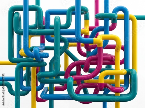 Multicolor interconnected glossy pipes form a complex abstract geometric network against white backdrop