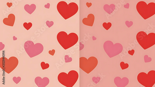 Hearts of various sizes and shades of pink and red create a loving, romantic pattern.