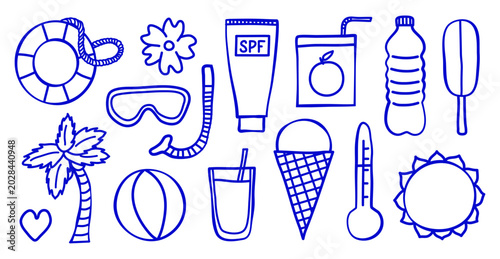 Cute summer beach vacation set in naive doodle outline style isolated on white background. Mediterranean blue line art coastal vector illustration. Hand drawn lifebuoy, beach ball, diving mask, etc.