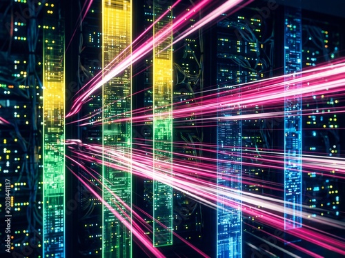 Server racks flashing with glowing light trails of high speed data transmission inside a modern datacenter