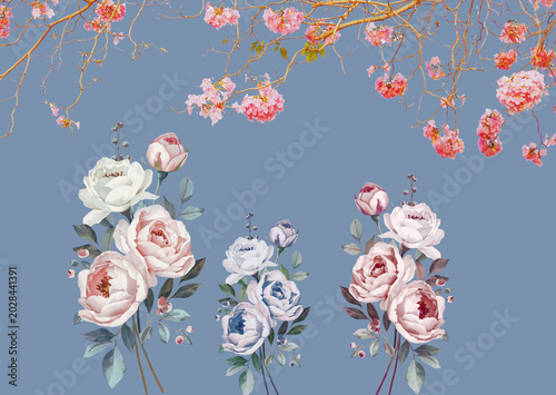 Soft pastel flowers bloom against a gentle blue backdrop. Pink and white petals cascade with delicate green leaves. Branches arch gracefully above, framing the floral arrangement
