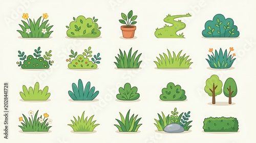 Collection of cartoon style green plants and trees for nature illustration.