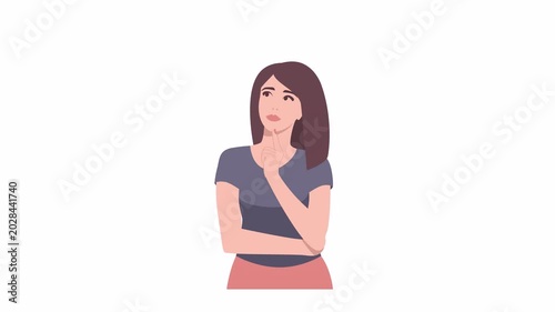 The woman looks up thoughtfully and taps her chin with her index finger. Animation of a brooding character with an alpha channel.