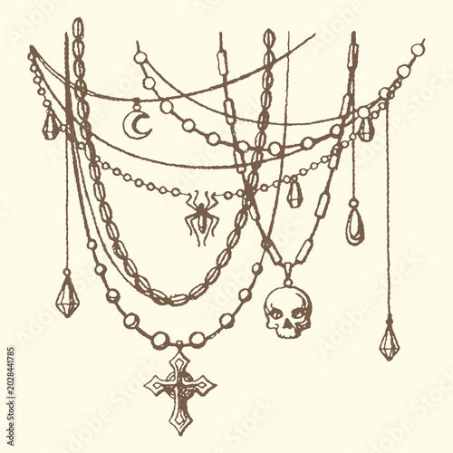 Картината върху платно Hand drawn gothic jewelry illustration featuring hanging chains with cross skull