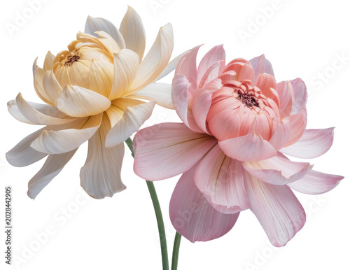 Two delicate flowers with soft pastel petals in shades of cream and pink isolated on a white background, featuring intricate floral details