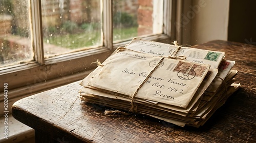 Stack of vintage letters tied with string on an old wooden windowsill.