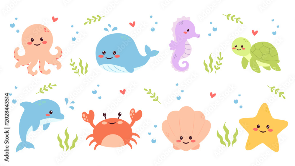 Fototapeta premium Cute sea animals and underwater elements set vector illustration.