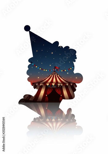 Dreamy Circus Silhouette: Starry Night Sky & Striped Tent Reflected.