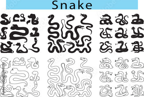 Black cute Snake outline drawing, Snake silhouette vector