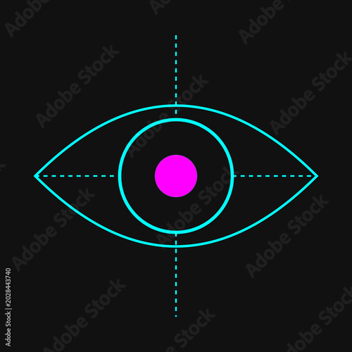 Abstract neon blue and pink geometric cyber eye icon with digital crosshair on black illustration