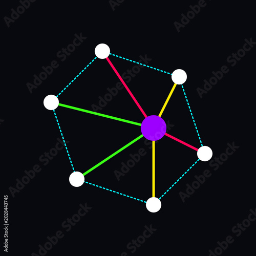 Geometric neural network constellation with central purple node and interconnected outer white circular nodes illustration