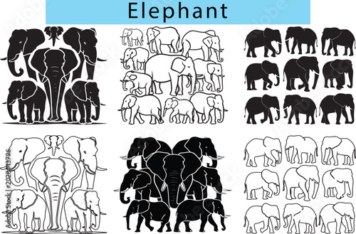 Elephant outline vector illustration, Elephant silhouette vector graphics