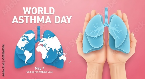 World Asthma Day medical illustration with global lungs and human hands