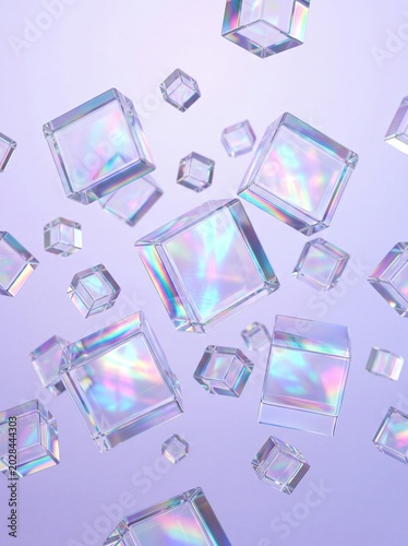Iridescent glass cubes floating suspended in a pastel violet holographic abstract dimension