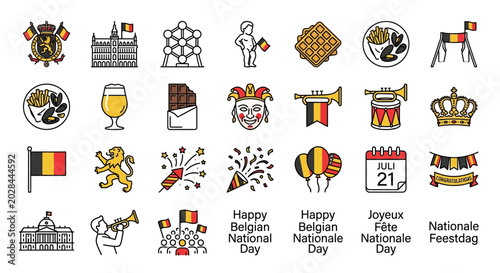 Quadro su tela Belgian National Day Celebration Icons with Symbols and Traditional Elements