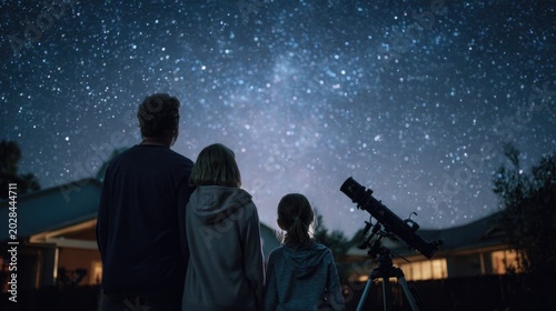 Family stargazing with telescope in backyard, night sky clarity, wonder and curiosity