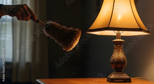 Cleaning dust near a glowing table lamp at home