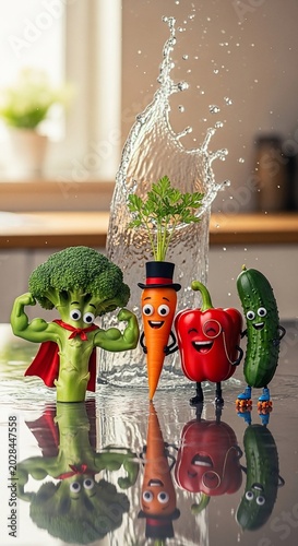 Playful Veggies Splash! Broccoli Hero, Carrot, Pepper, Cucumber Shine in Kitchen Freshness.