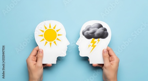 Two hands hold head profiles with sun and storm symbols