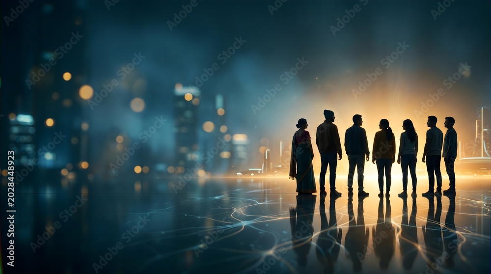 Fototapeta premium Diverse Group of People Standing Together Facing Future Digital City Skyline at Night with Glowing Network Connections and Cinematic Lighting