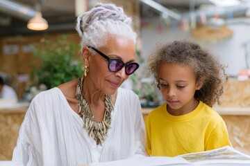 Stylish elder woman and granddaughter reading together for juneteenth learning moment and community education background