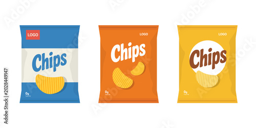 Set of snack chips bag plastic packaging isolated on white background. Food packaging template design. Vector stock	
