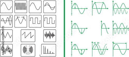 Bild auf Leinwand Sound wave and electronic signal vector icons featuring sine square sawtooth and