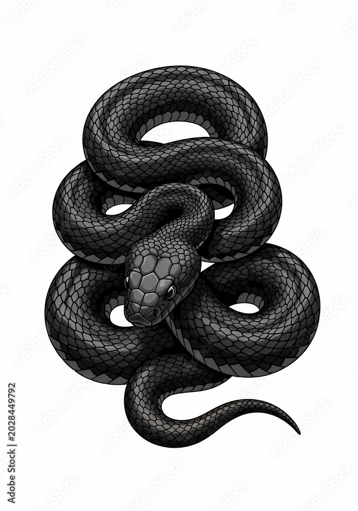 Obraz premium Sleek Black Serpent Illustration: Majestic Coiled Reptile, Dark Scales, Intense Gaze, Clean White Space