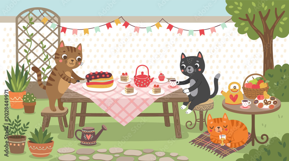 Fototapeta premium Three adorable cartoon cats enjoy a delightful backyard tea party together with cakes cupcakes teapot and colorful bunting decorations