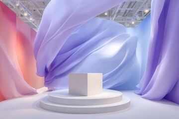 Elegant pastel fabric stage background with circular pedestal for juneteenth display and event banner design
