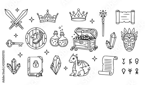 Tableau sur toile Monochrome fantasy archetype symbol vector set with roleplay cartoon outline ite