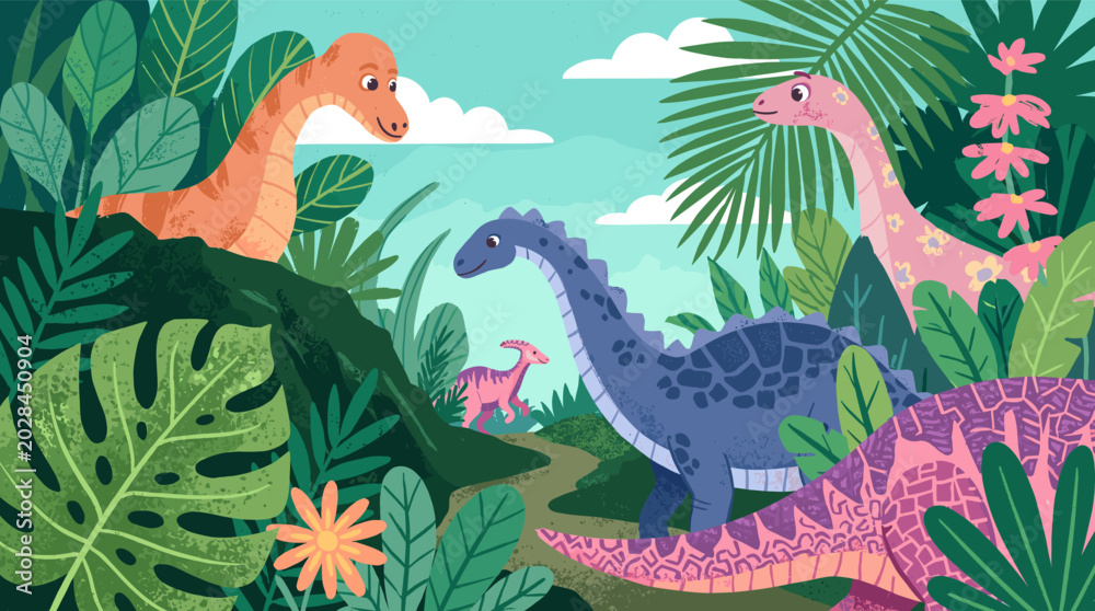 Obraz premium Four adorable cartoon dinosaurs roam happily through a lush tropical prehistoric jungle filled with giant leaves and colorful flowers