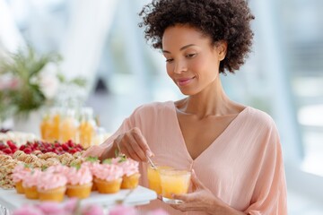 Woman serving orange juice and arranging cupcakes for juneteenth celebration buffet table for party background and banner design