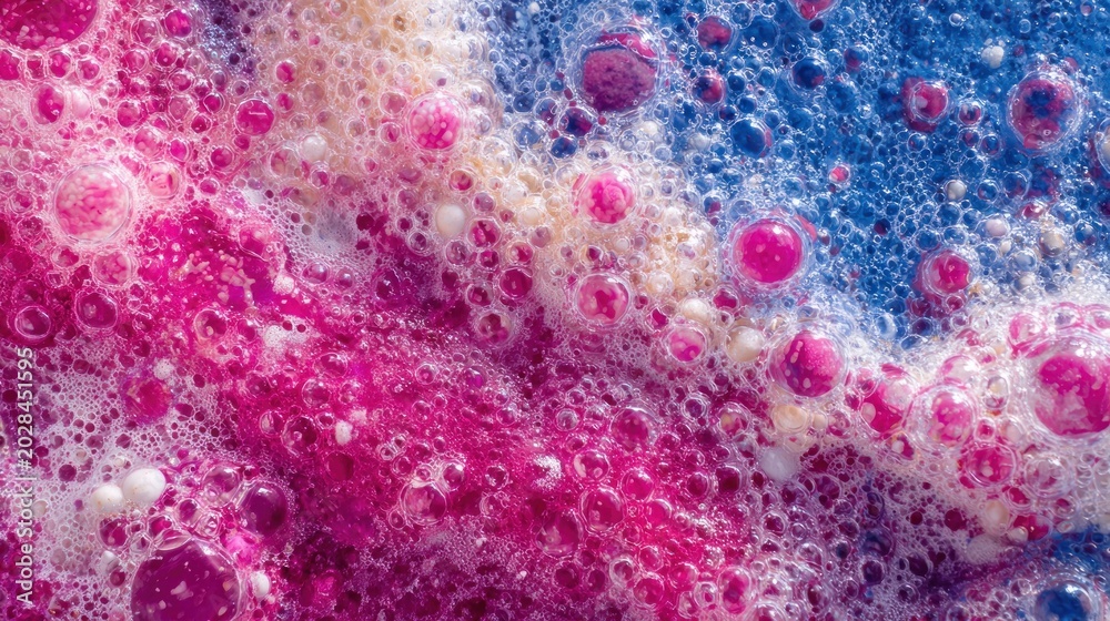 Fototapeta premium Vibrant, foamy liquid mixture displays intense magenta, blue, and white coloration