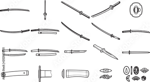 Collection of traditional Japanese samurai sword (katana) drawings, showcasing various angles and components including the blade, hilt, and scabbard, presented as a graphic resource.