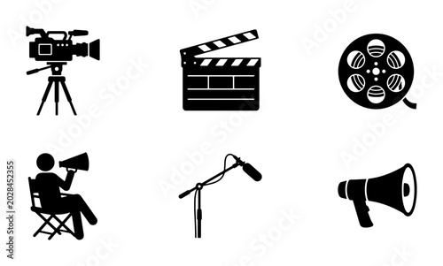 Film Production Icons Set: Camera, Clapperboard, Film Reel, Director, Boom Mic, Megaphone